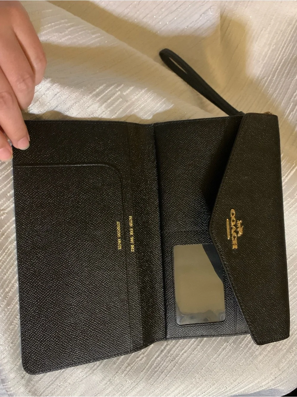 Coach Black Pebbled Leather Travel Wallet Wristlet with Gold Logo Accent